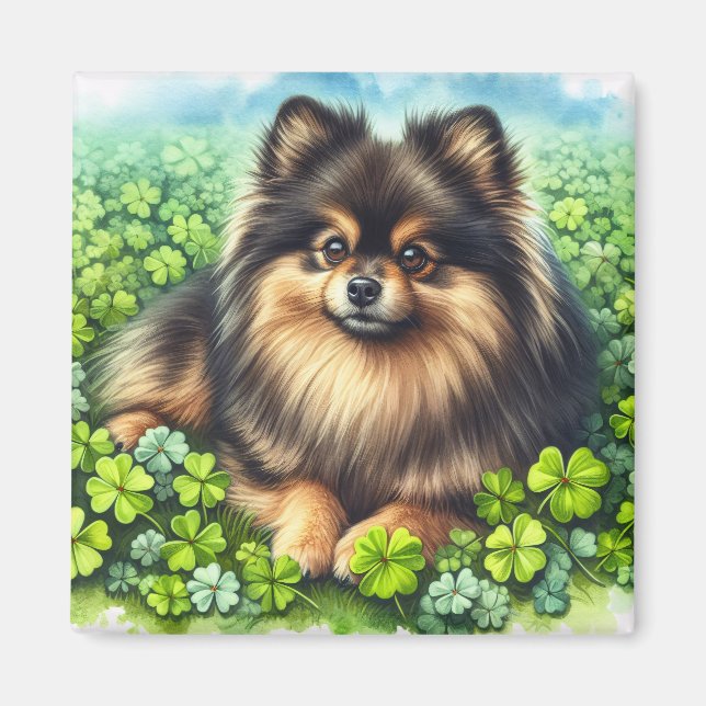 Imã Brindle Pomeranian Watercolor Clover Shamrock (Frente)