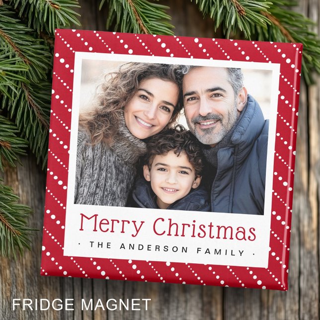 Imã Brisas pontilhadas bonitas, alegre foto vermelha d (Cute dotted stripes merry Christmas red photo Magnet)