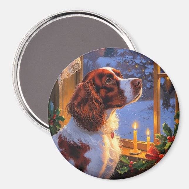 Imã Brittany Spaniel com Luzes de Natal Feriado  (Front/Back)