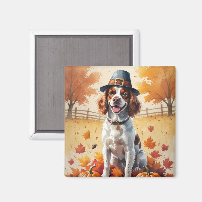 Imã Brittany Spaniel em Folhas de Outono Arte de Ação  (Front/Back)