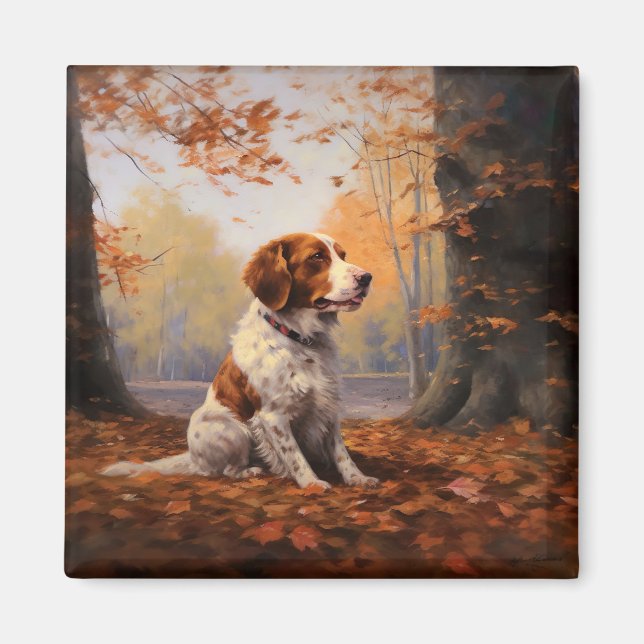 Imã Brittany Spaniel no outono deixa cair inspiração (Frente)