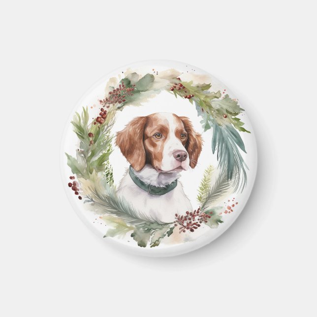 Imã Brittany Spaniel Wreath Festivo Pup (Frente)