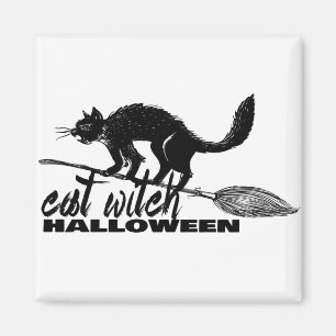 Imã Bruxa De Gato Engraçado Do Halloween Na Broomstick