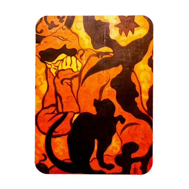 Ímã Bruxa de Halloween com um Gato Negro (Vertical)