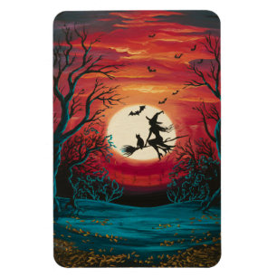 Ímã Bruxa de Halloween e Gato em um Magneta de Broomst