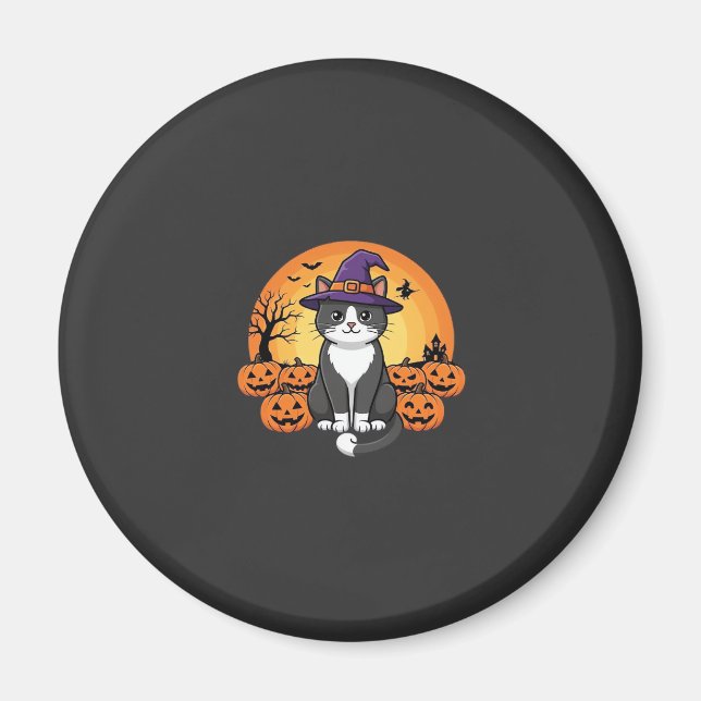 Imã Bruxa de Halloween Gato Abóbora Lua Design_1 (Frente)