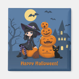 Imã Bruxa de Halloween, Gato Negro e Abóboras