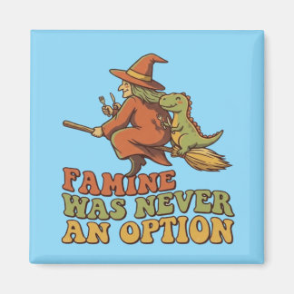 Imã Bruxa Engraçada Montando Vassoura com Fome de Dino