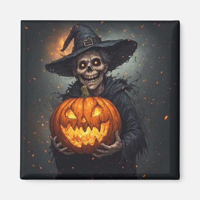 Imã Bruxa Esqueleto Com Abóbora Brilhante Halloween 🎃 (Frente)