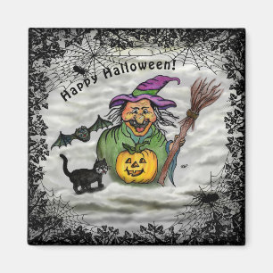 Imã Bruxa, Gato, Bat e Pumpkin, Feliz Halloween!