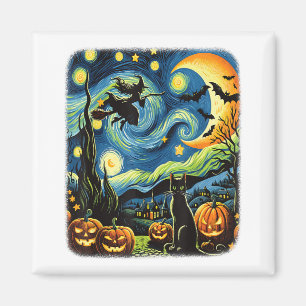 Imã Bruxa Halloween Van Gogh Starry Night Black Cat Pu