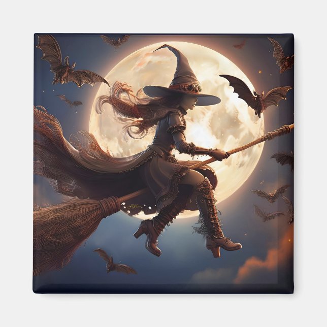 Imã Bruxa Steampunk do Voo ao Luar de Halloween (Frente)