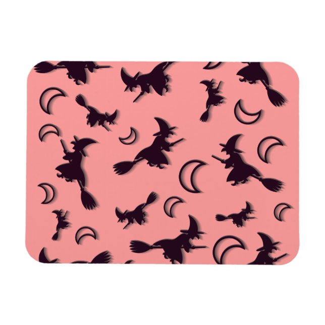 Ímã Bruxa voadora entre meia lua na noite de Halloween (Horizontal)