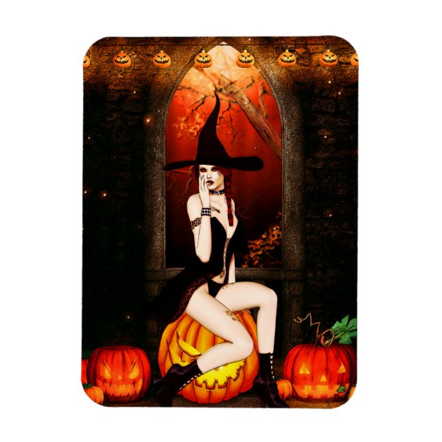 Ímã Bruxas de Halloween e abóboras (Vertical)