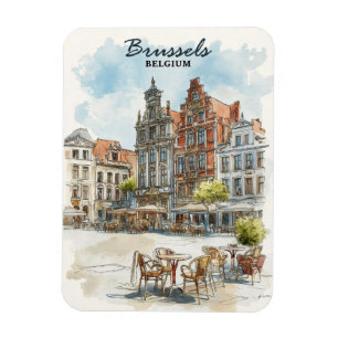 Ímã Bruxelas Bélgica - Vintage Watercolor Cityscape