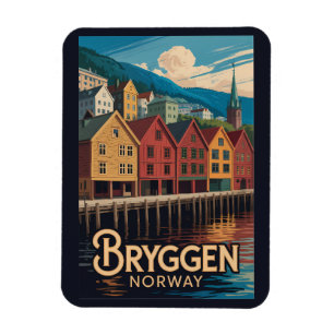 Ímã Bryggen Noruega Ilustração Arte Viagem Bergen