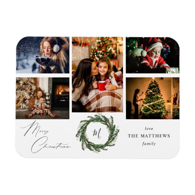 Ímã Budget Wreath Monogram 5 Photo Merry Christmas (Horizontal)