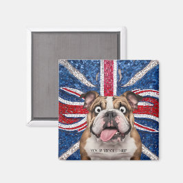 Imã Buldogue britânico com bandeira da União como pano