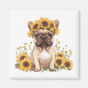 Imã Buldogue Francês Cercado Por Girassóis