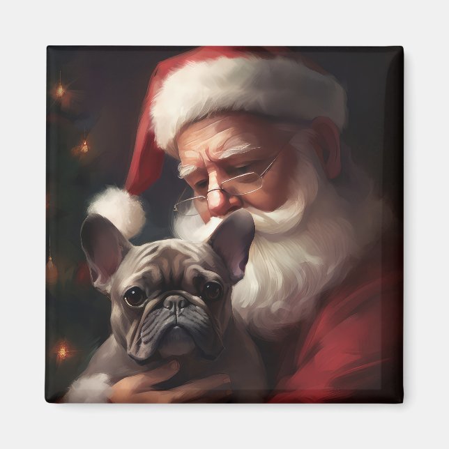 Imã Buldogue Francês com Papai Noel Natal Festivo (Frente)