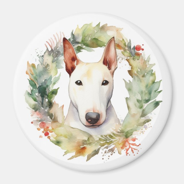 Imã Bull Terrier Christmas Wreath Festivo Pup (Frente)