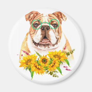 Imã Bulldog de Aquarela & Girassóis