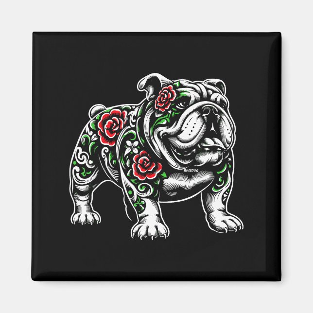 Imã Bulldog Floral Red Rose Mens Womens  (Frente)