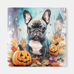 Imã Bulldog Francês de Halloween com Abóboras Assustad