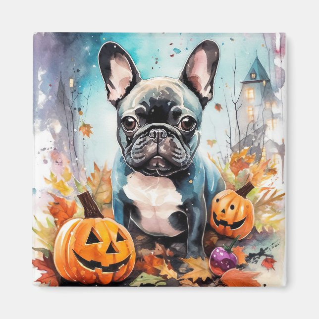 Imã Bulldog Francês de Halloween com Abóboras Assustad (Frente)