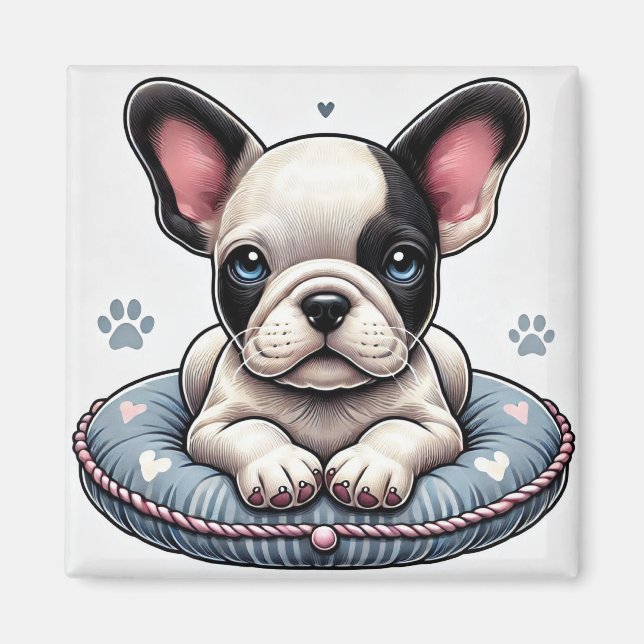 Imã Bulldog Francês em uma Almofada com Tema de Coraçã (Frente)