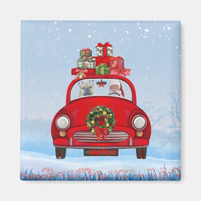 Imã Bulldog Francês No Carro Com Papai Noel  (Frente)
