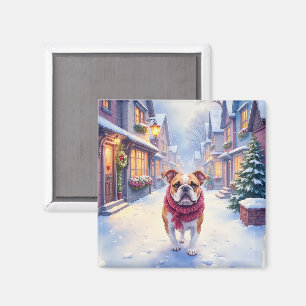 Imã Bulldog Inglês Vila de Natal com Neve Feriado