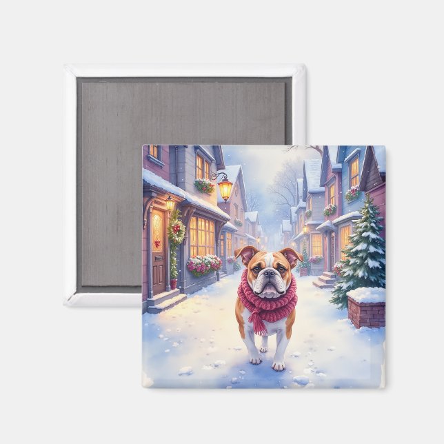 Imã Bulldog Inglês Vila de Natal com Neve Feriado (Front/Back)