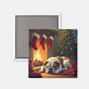 Imã Bulldog junto à Lareira Pintura de Natal