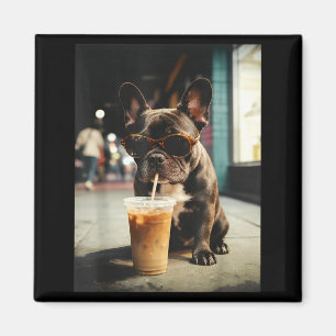 Imã Bulldogue francês engraçado bebendo café gelado ca