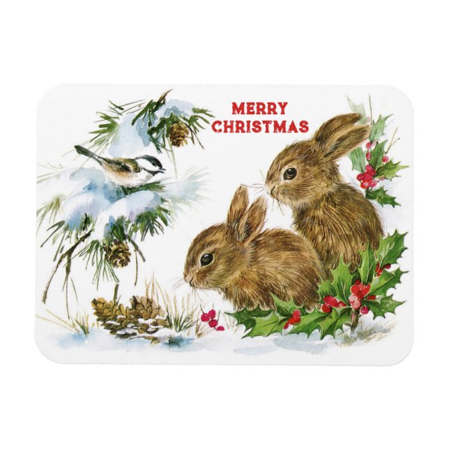 Ímã Bunnies e Bird Aproveitem a neve Feliz Natal (Horizontal)