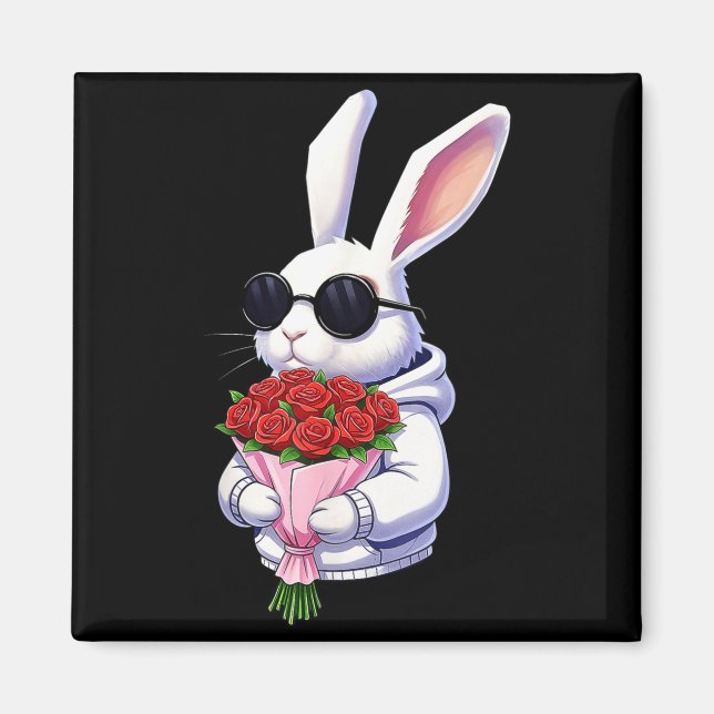 Imã Bunny Hugging Valentine Flower Bunny  (Frente)