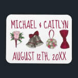 Ímã Buquê de Bowtie das Flores de Casamento Personaliz<br><div class="desc">Magnet design apresenta uma ilustração original de uma fileira de designs clássicos de casamento, incluindo um sino, uma gravata de bolor, um buquê de flores e um boutonniere. Apenas personalize com sua informação. Não vê exatamente o que está procurando? Entre em contato com Rebecca para ter um produto personalizado só...</div>