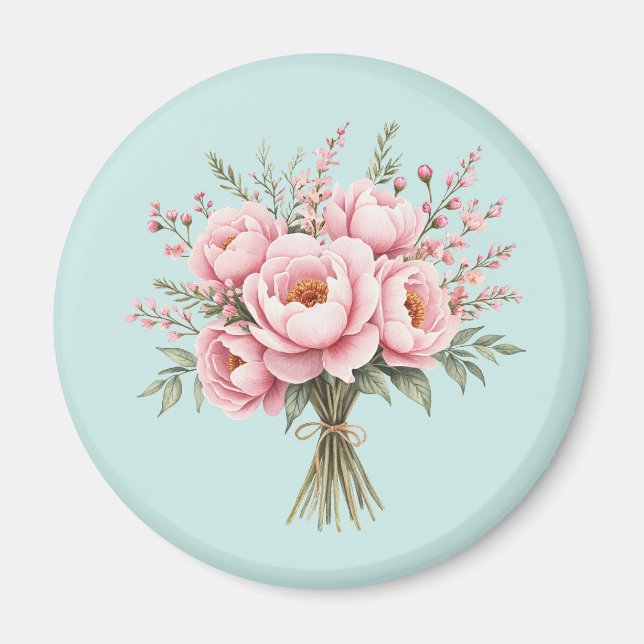 Imã Buquê de Flores de Peônia Rosa Bonita (Frente)