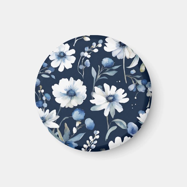 Imã Buquê de Flores Elegante Aquarela Azul (Frente)