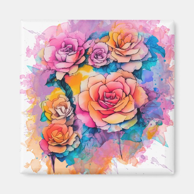 Imã Buquê de Rosas com Pingos de Tinta em Aquarela Mod (Frente)