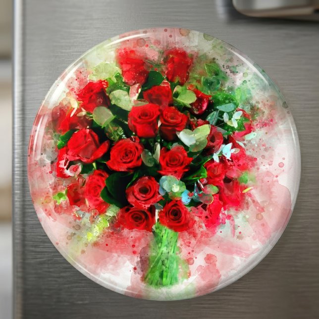 Imã Buquê de Rosas Vermelhas Aquarela em Fundo Branco (Red Roses Bouquet Watercolor on White Background. Magnet)