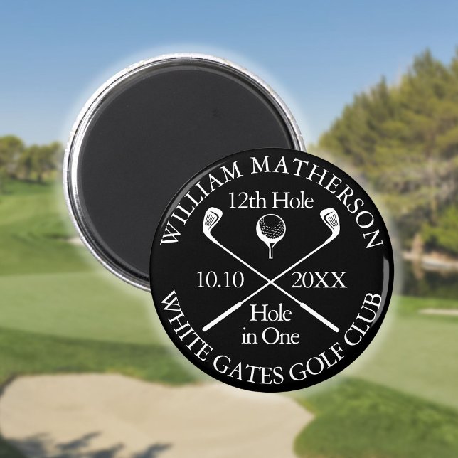 Imã Buraco de Golfe Personalizado em Um Preto e Branco (Personalized Golf Hole in One Black And White Magnet)