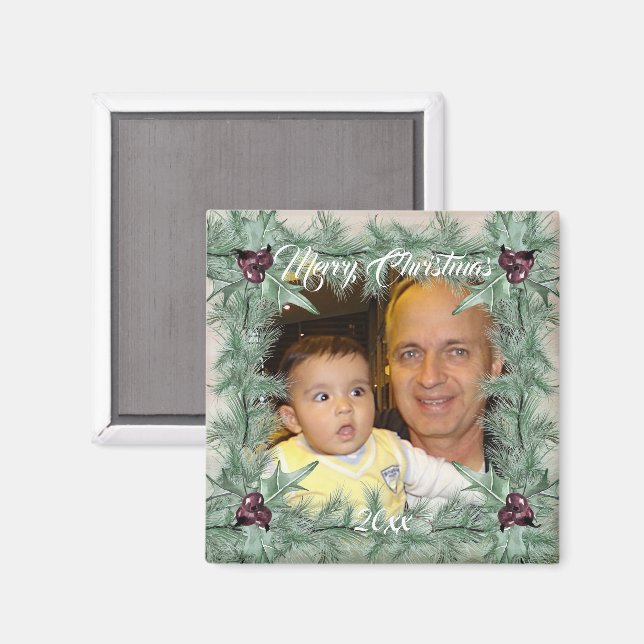 Imã Burgundy Berry Holly Pine Christmas Photo Magnet (Front/Back)