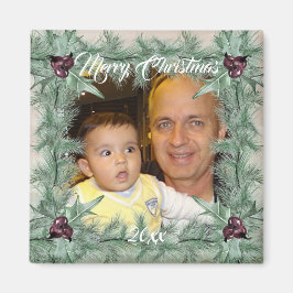 Imã Burgundy Berry Holly Pine Christmas Photo Magnet