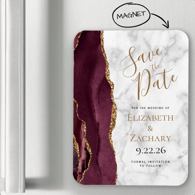Ímã Burgundy Gold Ágata Mármore Save the Date (Criador carregado)