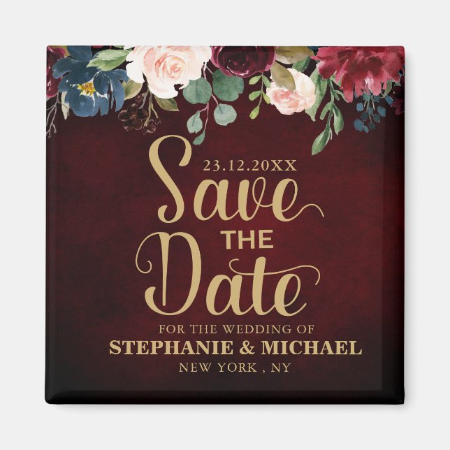 Imã Burgundy Red Marinho Floral Russo Boho Salvando a  (Frente)