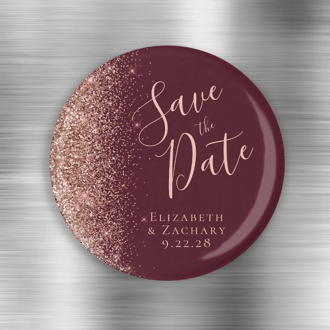 Imã Burgundy Rosa Dourado Gliter Script Salve a Data (Criador carregado)