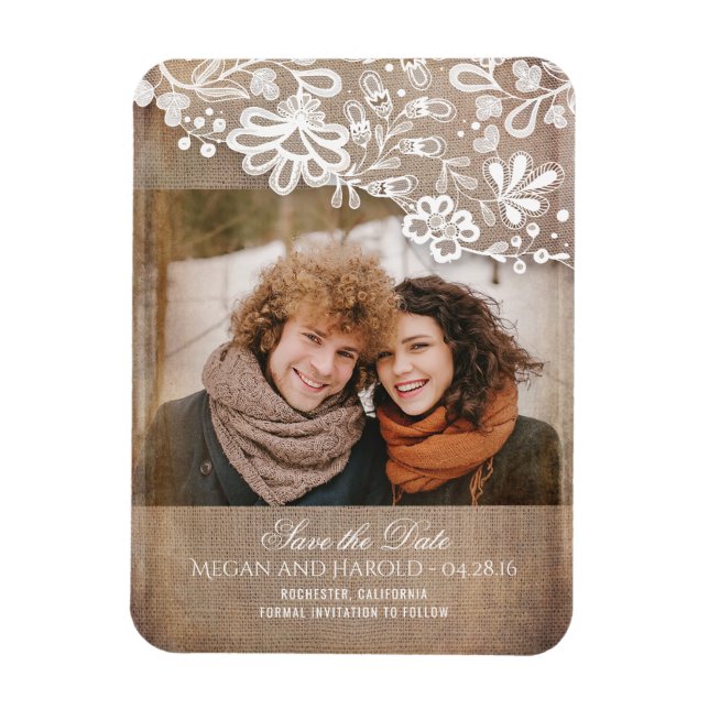 Ímã Burlap e Lace Rustic Photo Save the Date (Vertical)