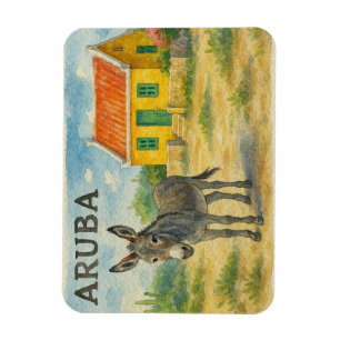 Ímã Burro de Aruba com casa de cunucu amarelo aquarela
